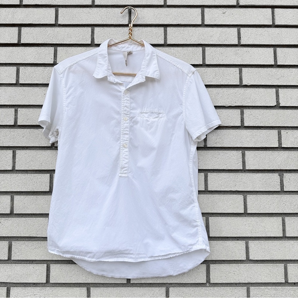 Edun White 100% Organic Cotton Short Sleeve Popover Button Up Shirt Top M‎